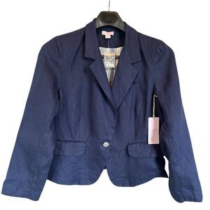 NWT St. Tropez West Navy Blue Linen Blazer Medium Fully Lined One Button XL